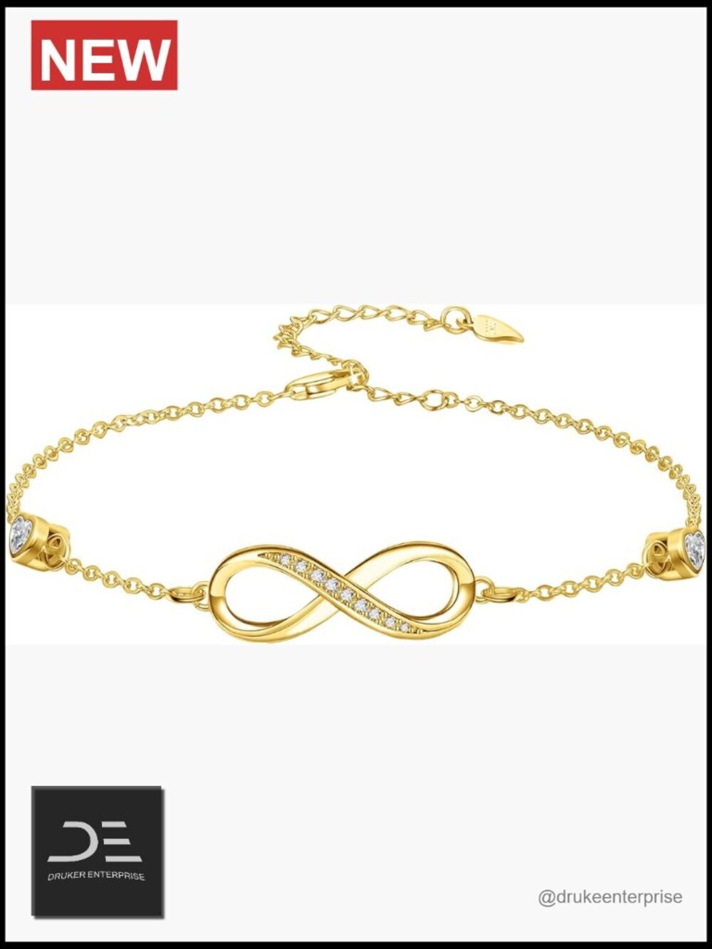 Infinity Heart Anklet 925 Sterling Silver 14K Gold Plated Cubic Zirconia